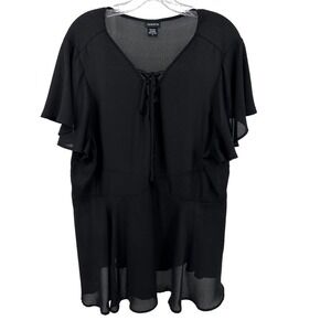 Torrid Petal Sleeve Sheer Lined Tie Front Business Black Blouse Women Plus Sz 3X